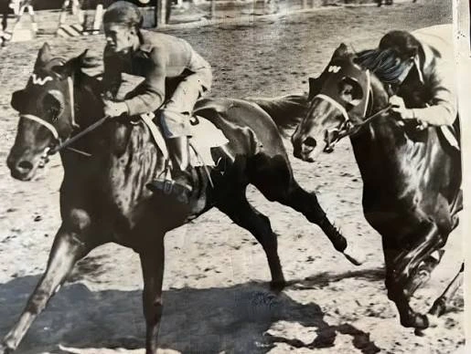 Two jockeys race closely on dark horses in a historic black-and-white photograph.