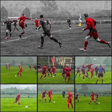 Football players in red and black compete on a rain-soaked outdoor pitch.