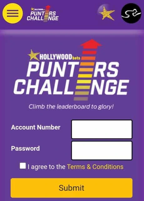 Hollywoodbets Punters Challenge login form with account number and password fields.