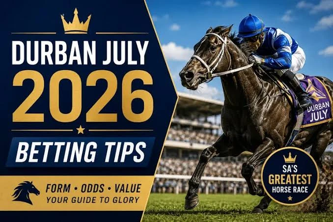 Durban July 2026 betting tips with a jockey racing a black horse.