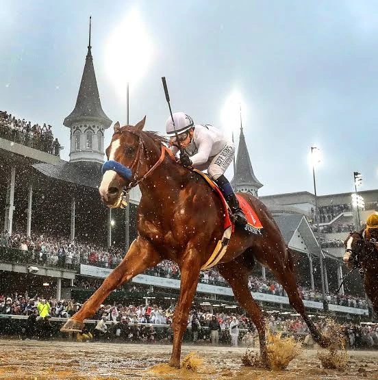 Racehorse and jockey charge through the muddy track at Churchill Downs.