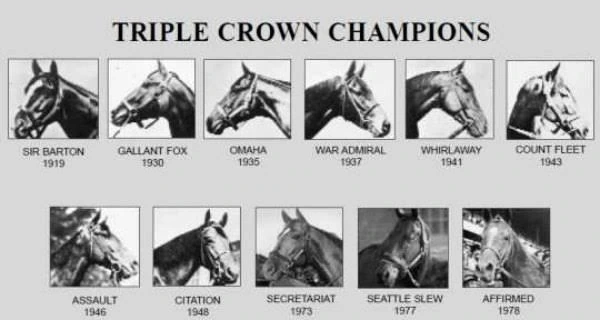 Triple Crown champions from Sir Barton to Affirmed with portraits and victory years.