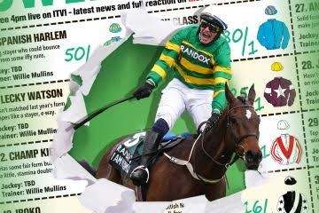 Jockey in Randox racing silks rides past a horse racing form guide.