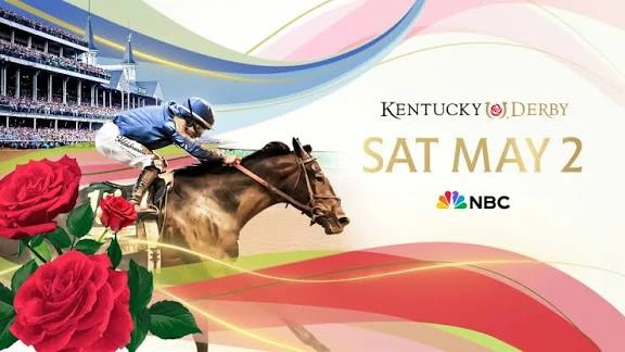Kentucky Derby broadcast graphic shows a jockey racing beside red roses at Churchill Downs.