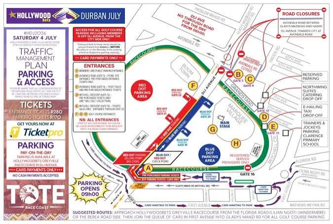 Hollywoodbets Durban July 2026 traffic management map showing parking areas, entrances and road closures.